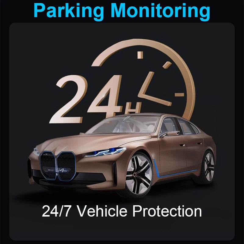 Brown car with '24h' clock icon and '24/7 Vehicle Protection' text on a dark background Streaming Dash Cam 4 Lens Full Touch Screen APP Control 24H Parking Mode Night Vision Motion G Sensor Time Lapse Record