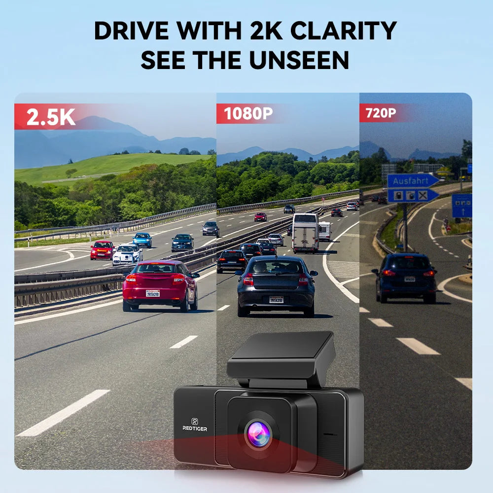Comparison of video quality on a highway with a camera labeled '2.5K', '1080P', and '720P'.  REDTIGER A3 Dash Cam 3 Channel Dash Camera Dash Car Camera Bulit in 2.4GHz Wifi IR Night Vision.