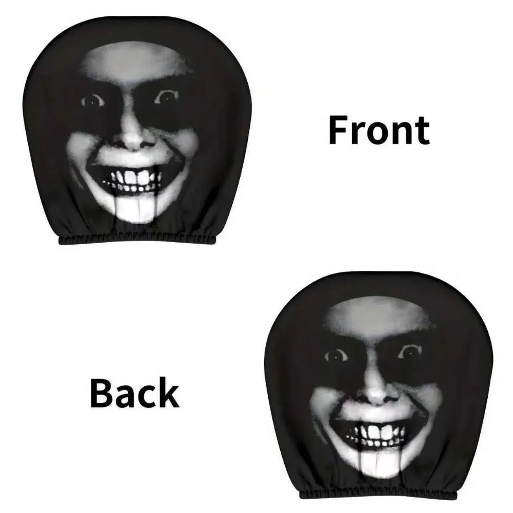Black balaclava with a printed face design on front and back headrest cover
