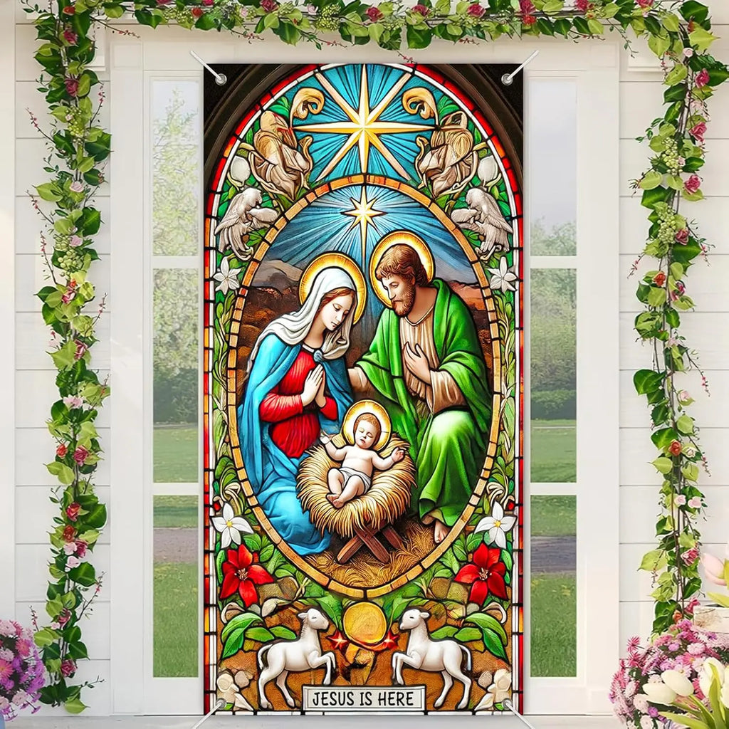Christmas door casing banner, winter festival scene of the Nativity of Jesus, home decoration festival