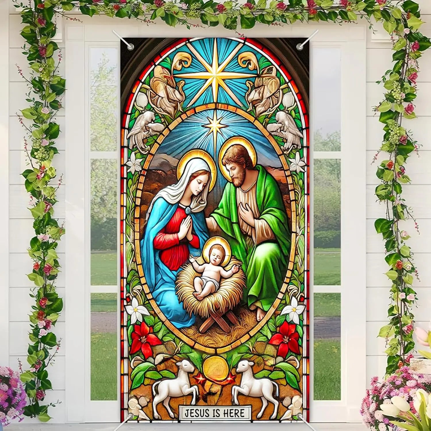 Christmas door casing banner, winter festival scene of the Nativity of Jesus, home decoration festival
