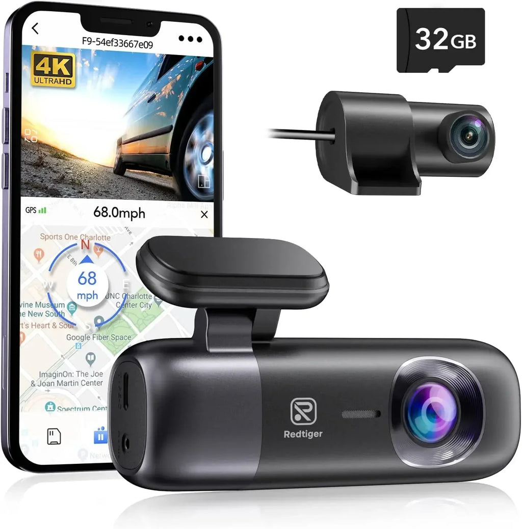 Car dashboard camera with smartphone displaying app interface, 32GB microSD card, and Redtiger logo.