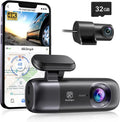 Car dashboard camera with smartphone displaying app interface, 32GB microSD card, and Redtiger logo.