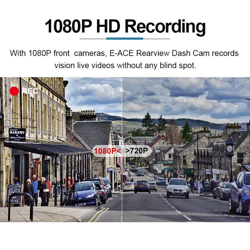 Street scene with a focus on 1080P HD recording feature of E-ACE Rearview Dash Cam. E-ACE 1080P Car DVR B12 Dash Cam Touch Sensitive Dash Camera WDR G sensor Night Vision