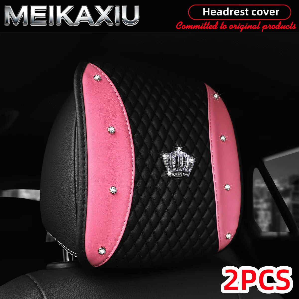 1/2PCS Multi-Color PU Leather Crown Headrest Covers with Embroidered Diamonds Rhinestones Bling Car Decorative Item