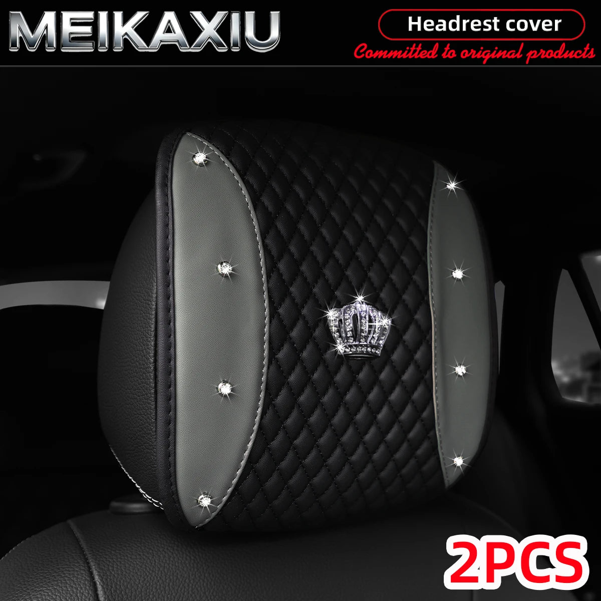 1/2PCS Multi-Color PU Leather Crown Headrest Covers with Embroidered Diamonds Rhinestones Bling Car Decorative Item