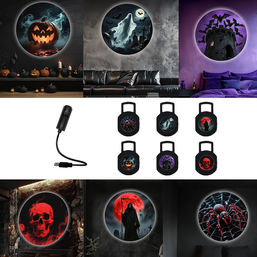Halloween LED night light projector, you can change the pattern, skull, ghost, bat, pumpkin, death, spider shape decoration, cre