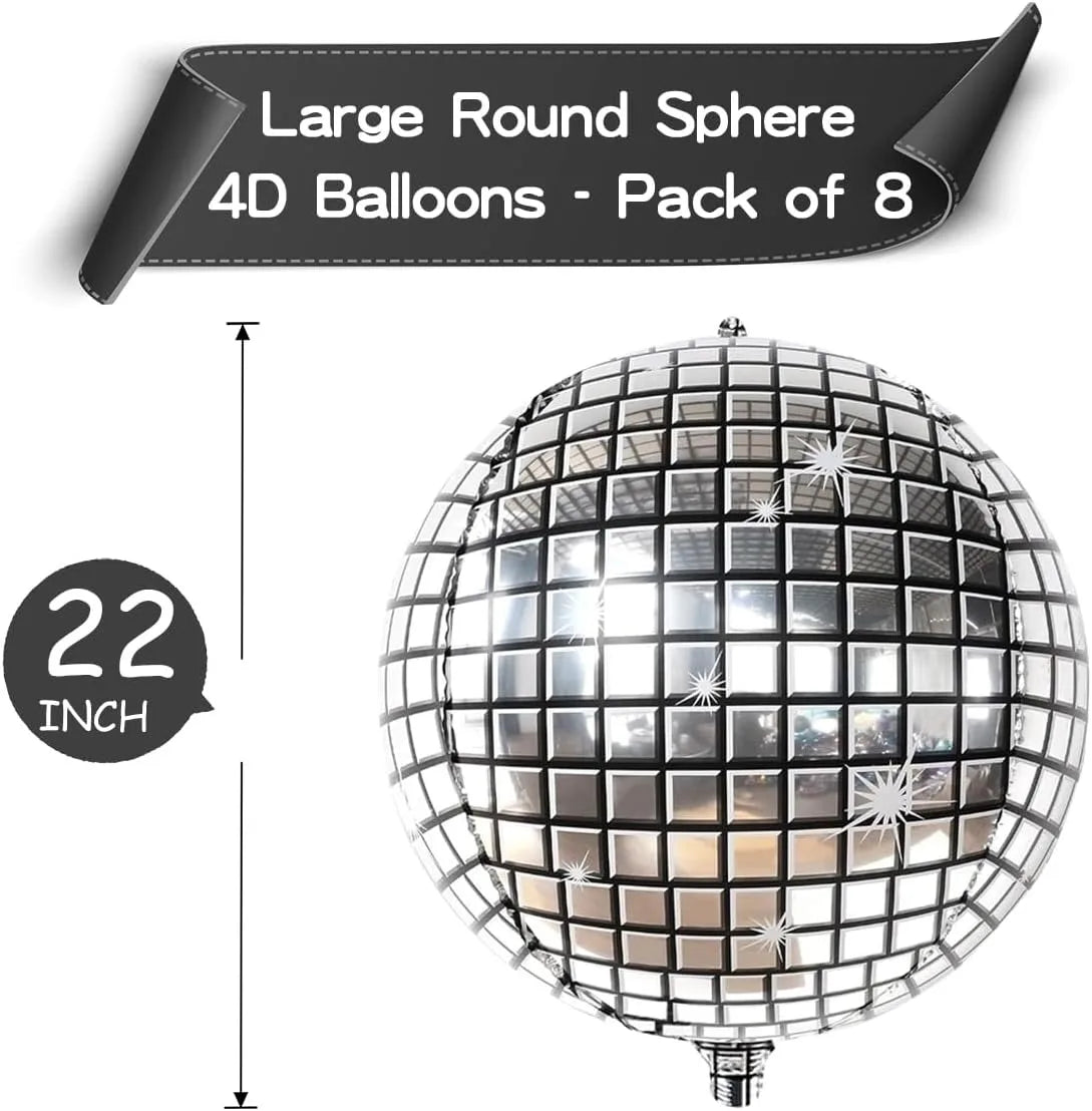 22 Inch 4D Silver Disco Ball Balloons, 8Pcs Metallic Sphere Disco Balloons for Disco Party Decorations, 70s 80s Party Decoration