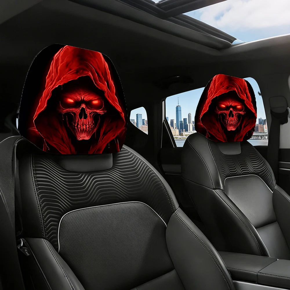 Glowing Red Eyes Reaper Skull Headrest Covers Set of 2, Washable Elastic Fabric, Universal Fit Spooky Halloween Car Accessories