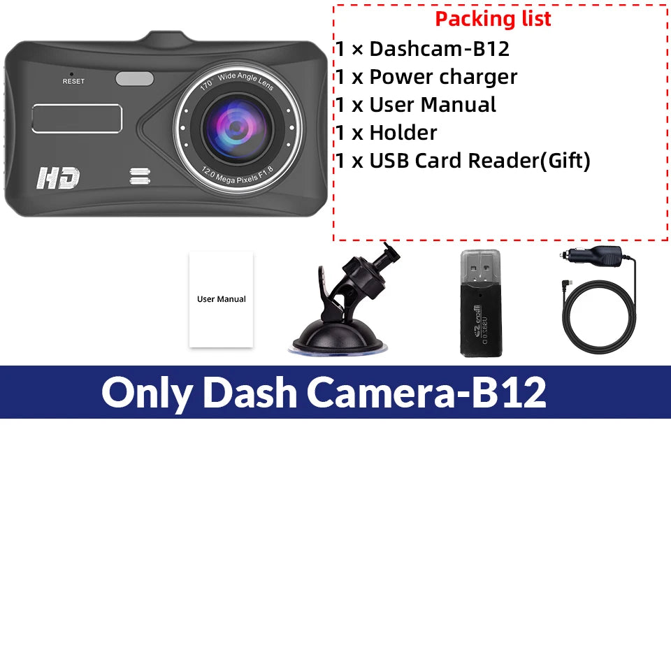 Black HD dash cam with a 12MP lens, shown with a suction mount, USB cable, power adapter, user manual, and a USB card reader, with a text box listing the packing list.