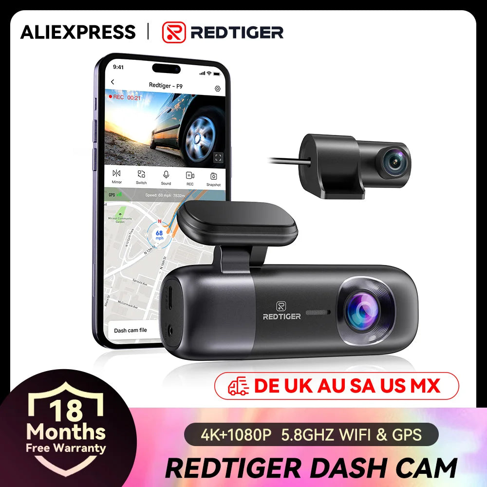 Redtiger dash cam with smartphone displaying app interface on a white background