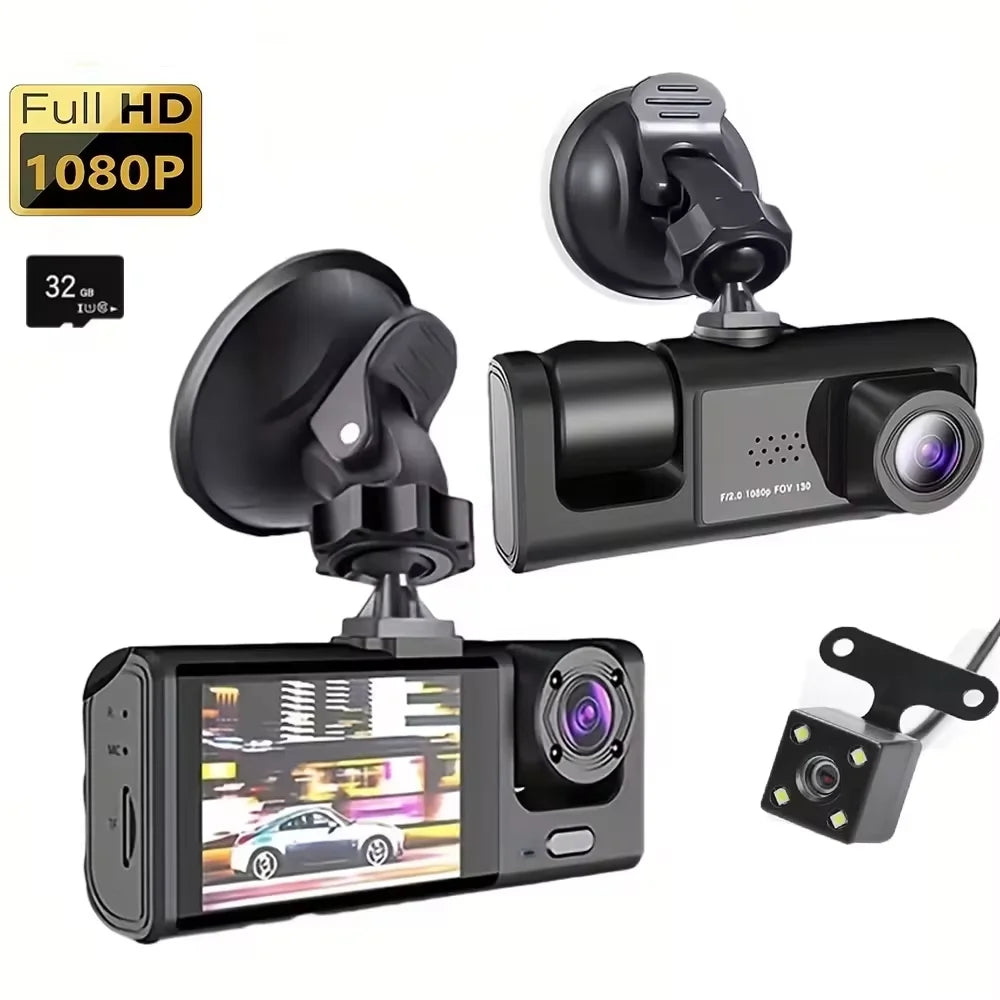 Car dashboard camera with screen, siren, and additional camera on a white background