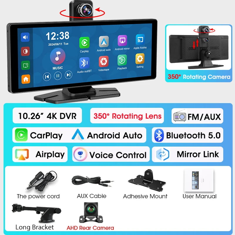 Car monitor with 350-degree rotating camera and various connectivity features on a blue and gray background.