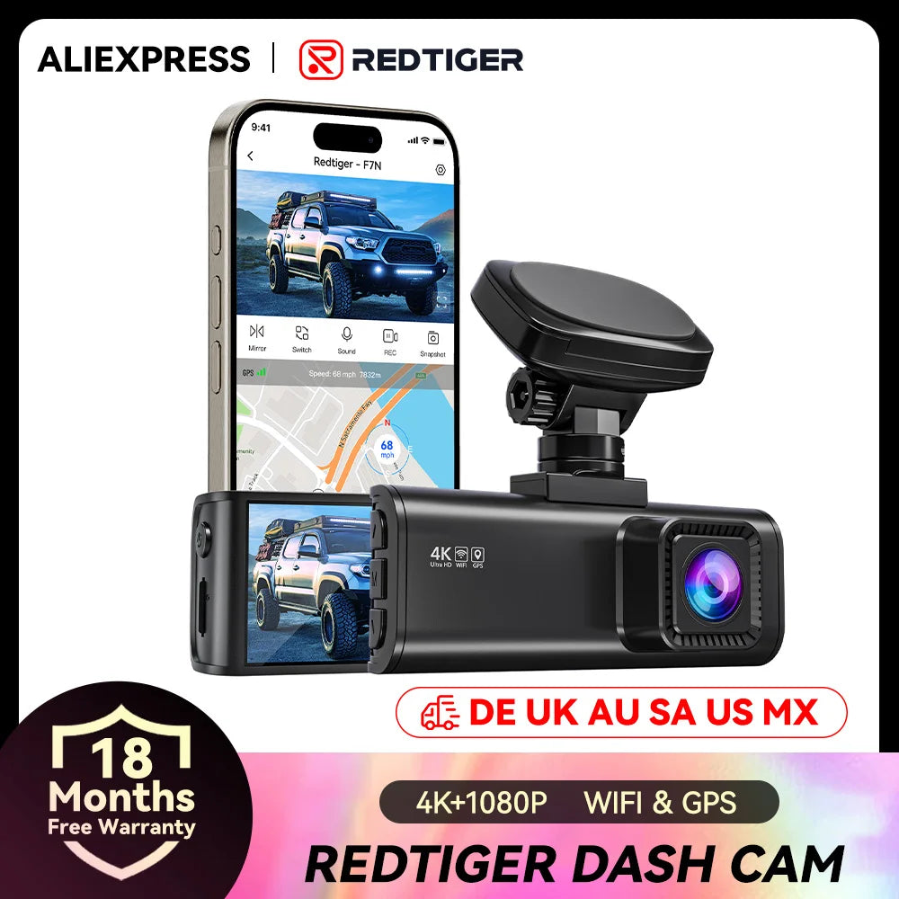 Redtiger dash cam shown with a smartphone app screen displaying the vehicle view, on a white background with AliExpress and Redtiger branding and feature callouts including 4K+1080P, WiFi & GPS, and 18 months free warranty.