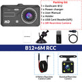 Dashcam package contents on a white background: a black HD rearview camera shown at top left, a packing list with red text, a suction mount, USB receiver, cable, user manual, and a second rearview camera. Text reads 'B12+6M RCC'.