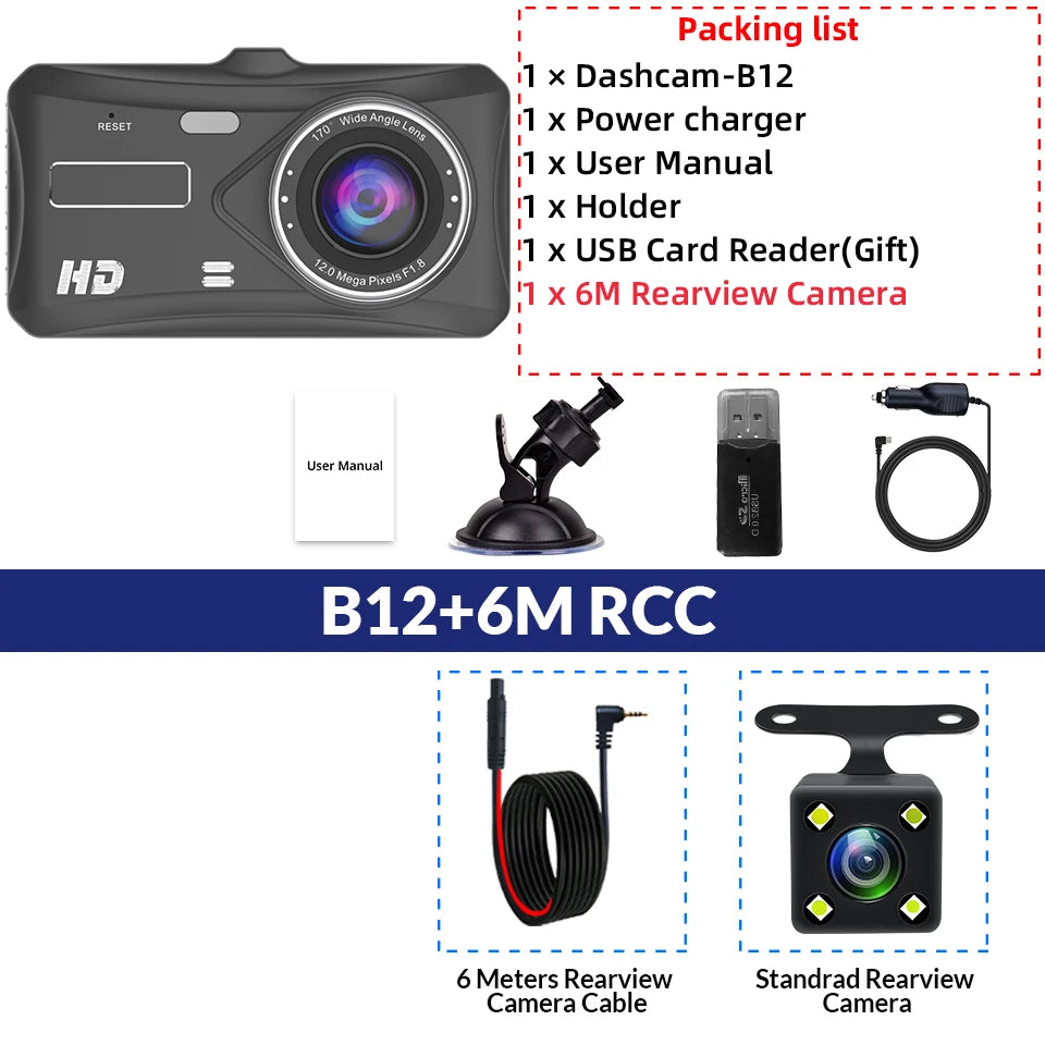 Dashcam package contents on a white background: a black HD rearview camera shown at top left, a packing list with red text, a suction mount, USB receiver, cable, user manual, and a second rearview camera. Text reads 'B12+6M RCC'.