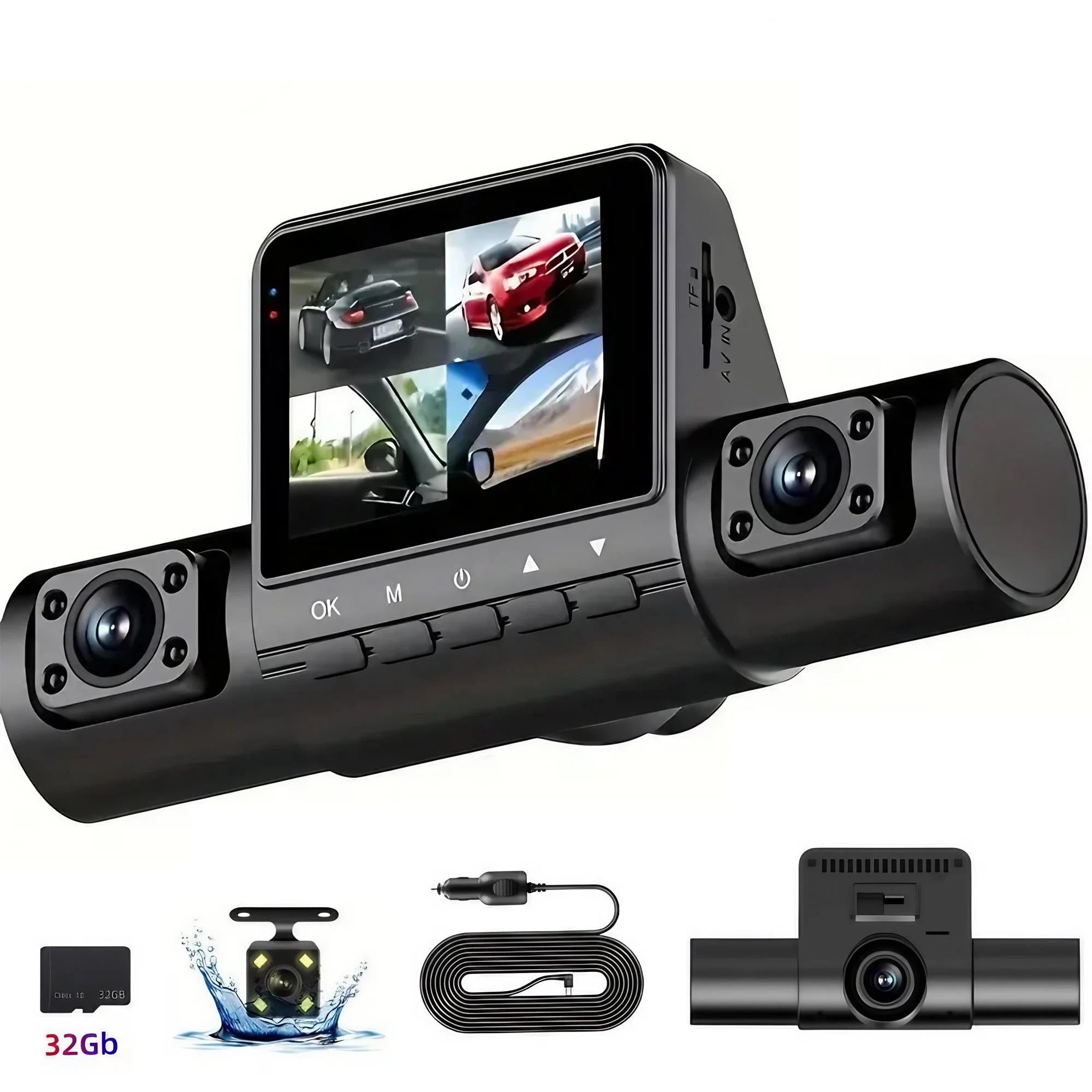 Car dashboard camera with screen, microphone, and accessories on a white background