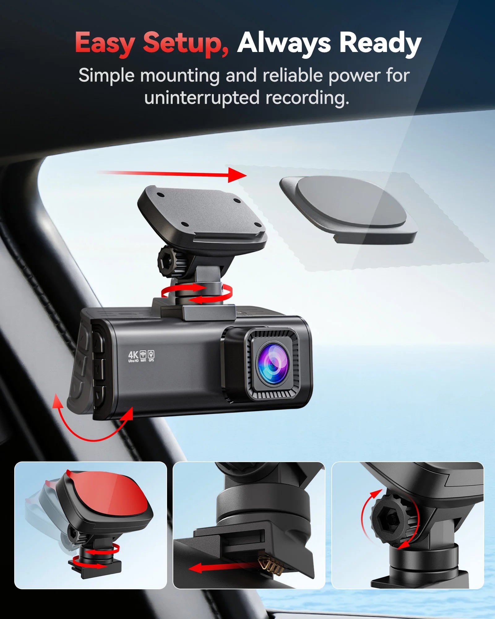 Car dashboard camera with mounting accessories on a car interior.  Product is  a REDTIGER F7N Dash Camera Front and Rear 4k Dash Cam  Drive Recorder for WiFi GPSbackground