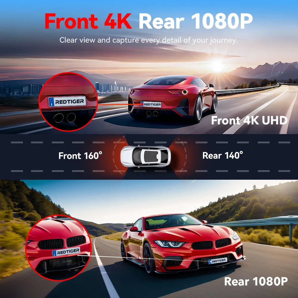 Red car on a road with camera front and rear views displayed, featuring Redtiger brand.  Product is a REDTIGER A4 Dash Camera Front and Rear 4k Dash Cam  Drive Recorder for WiFi GPS.