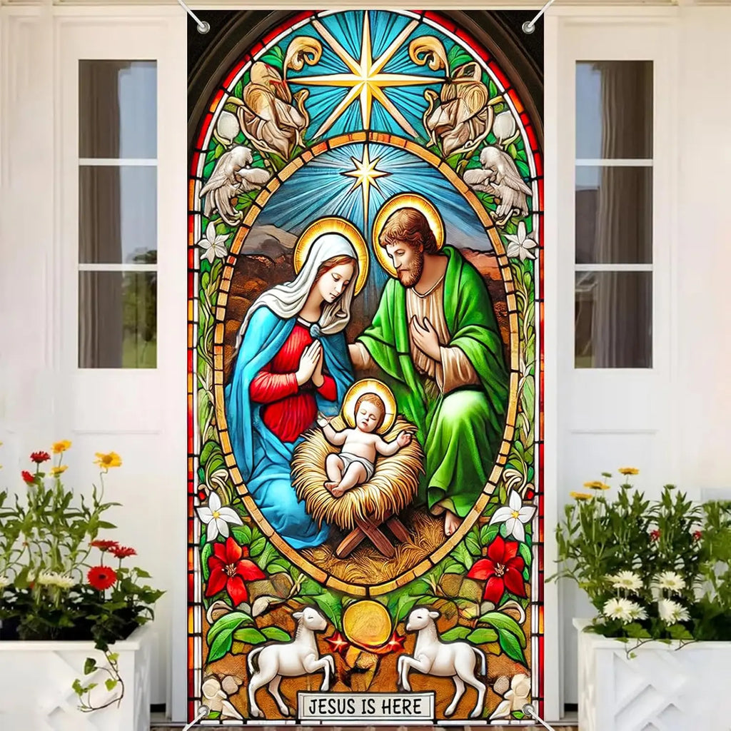 Christmas door casing banner, winter festival scene of the Nativity of Jesus, home decoration festival