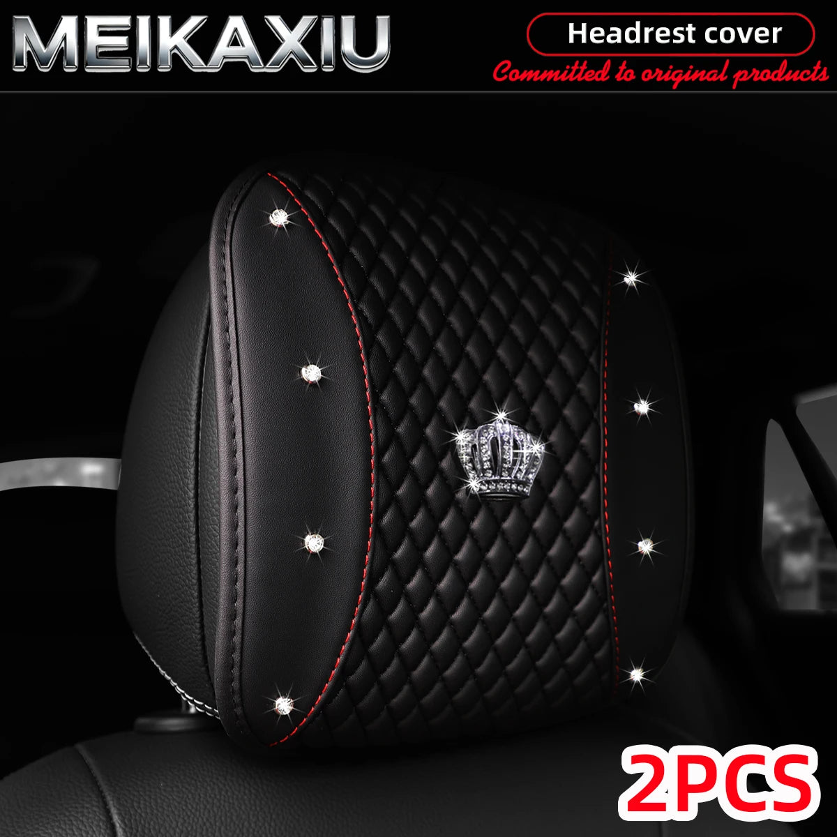 1/2PCS Multi-Color PU Leather Crown Headrest Covers with Embroidered Diamonds Rhinestones Bling Car Decorative Item