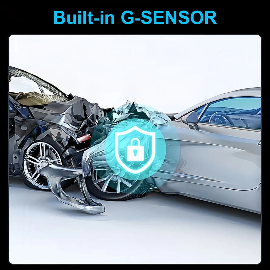 Two cars colliding with a built-in G-sensor graphic overlay. Streaming Dash Cam 4 Lens Full Touch Screen APP Control 24H Parking Mode Night Vision Motion G Sensor Time Lapse Record