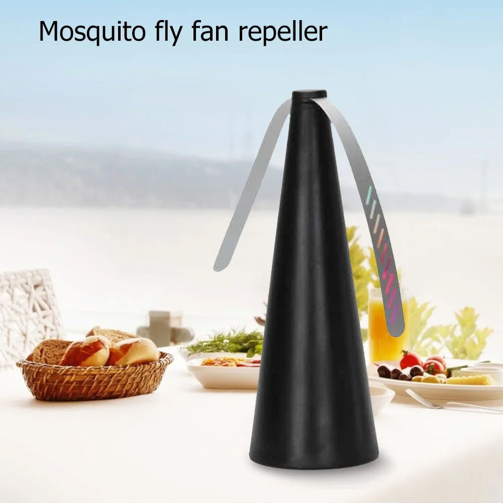 Cone shaped bug | insect | fly fan for table top. Soft blades are plastic and rotate on top to keep bugs and pests away with a USB or batteries available in silver, black or gold.