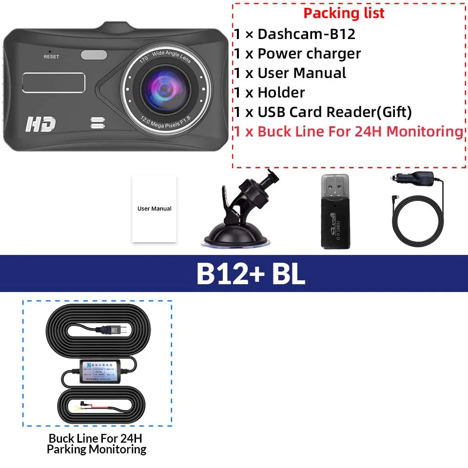 Black 1080p dashcam with accessories including a suction cup mount, USB card reader, power charger, user manual, and buck line for 24-hour parking monitoring, shown with a packing list on a white background.