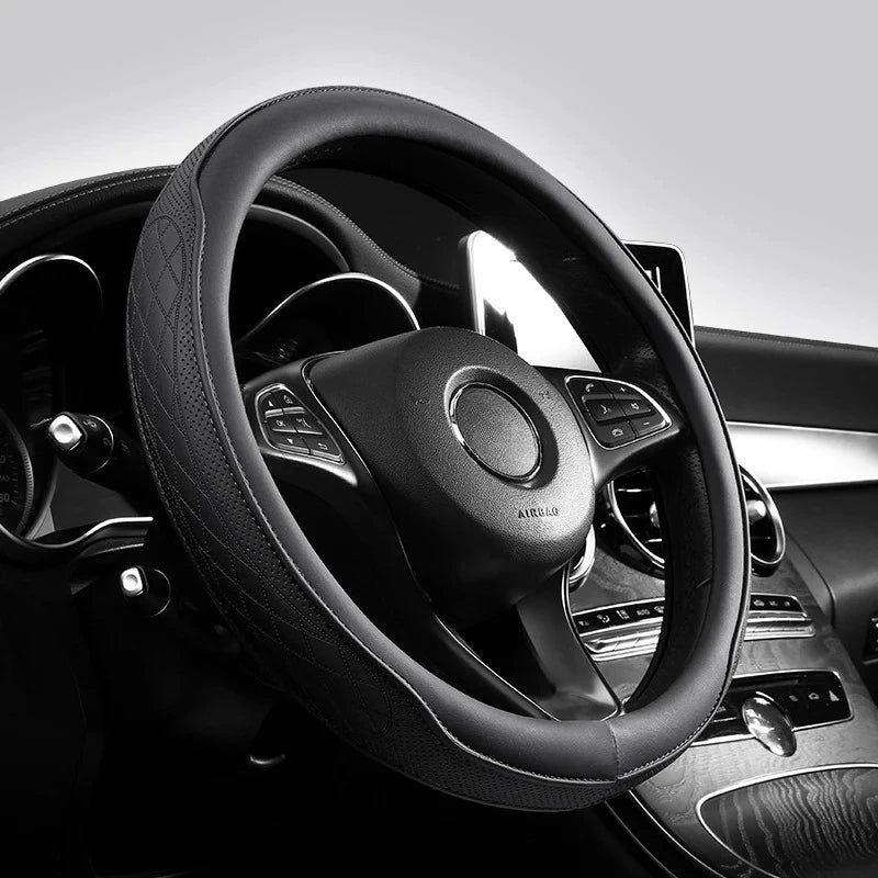 Embossed PU Leather Patchwork Car Steering Wheel Cover Anti-Slip Comfort
