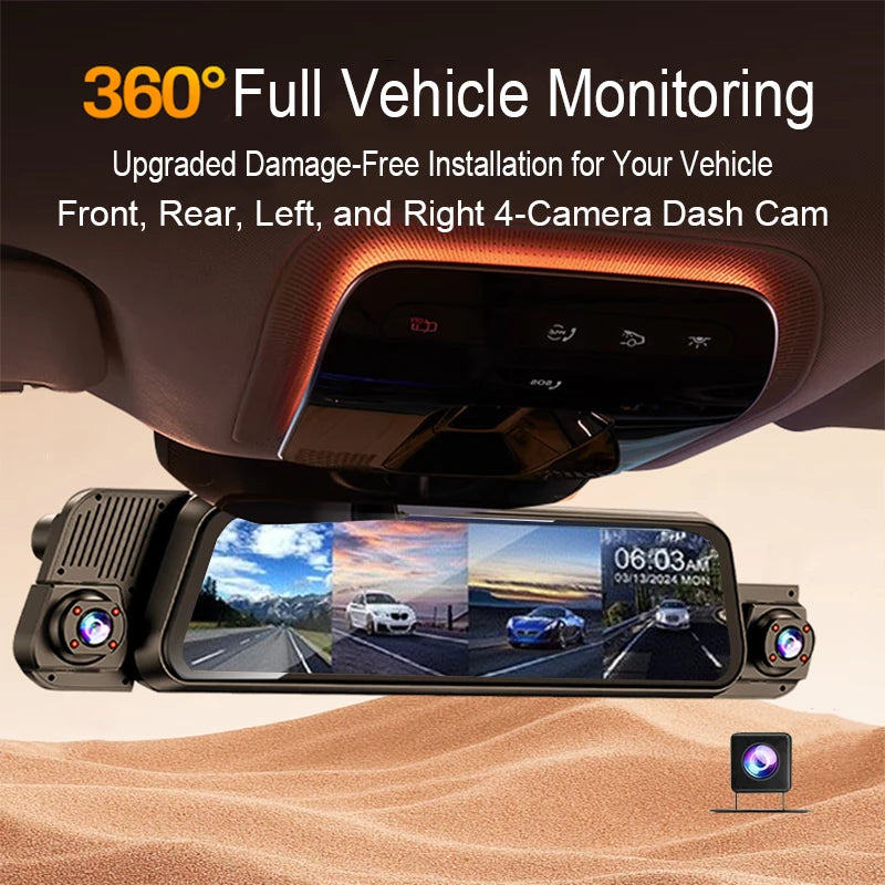 A 4-camera rear-view dash cam shown mounted inside a car interior, with large text reading '360° Full Vehicle Monitoring' and a small inset showing the rear camera angle. The product is the dash cam unit itself, not the car interior or the sand dunes below.