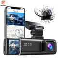 Car dashboard camera with smartphone displaying app interface, water droplets indicating waterproof feature, and Redtiger logo.  Product is  a REDTIGER F7N Dash Camera Front and Rear 4k Dash Cam  Drive Recorder for WiFi GPSbackground.