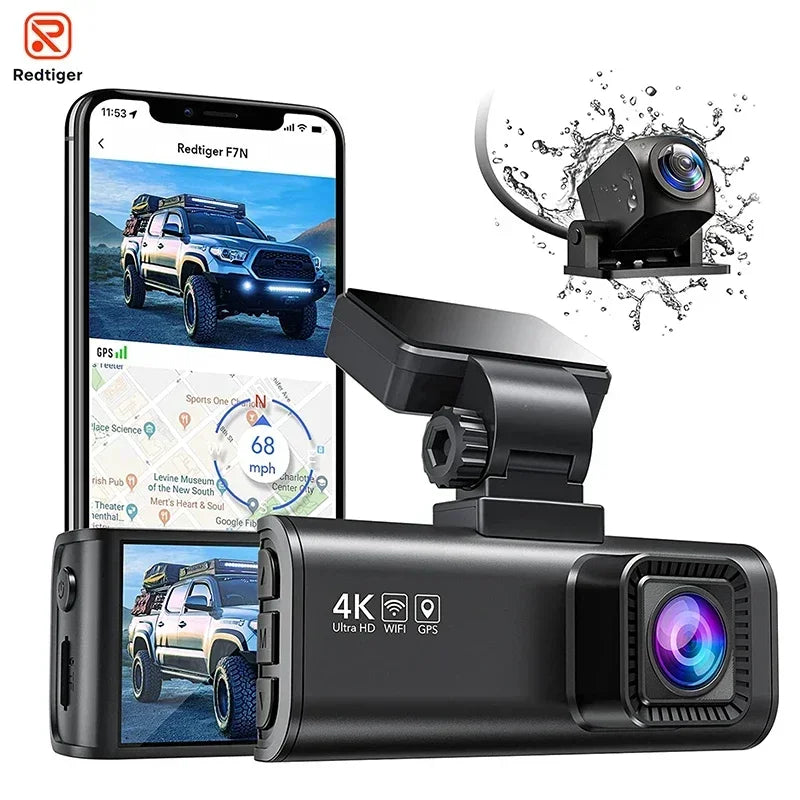Car dashboard camera with smartphone displaying app interface, water droplets indicating waterproof feature, and Redtiger logo.  Product is  a REDTIGER F7N Dash Camera Front and Rear 4k Dash Cam  Drive Recorder for WiFi GPSbackground.