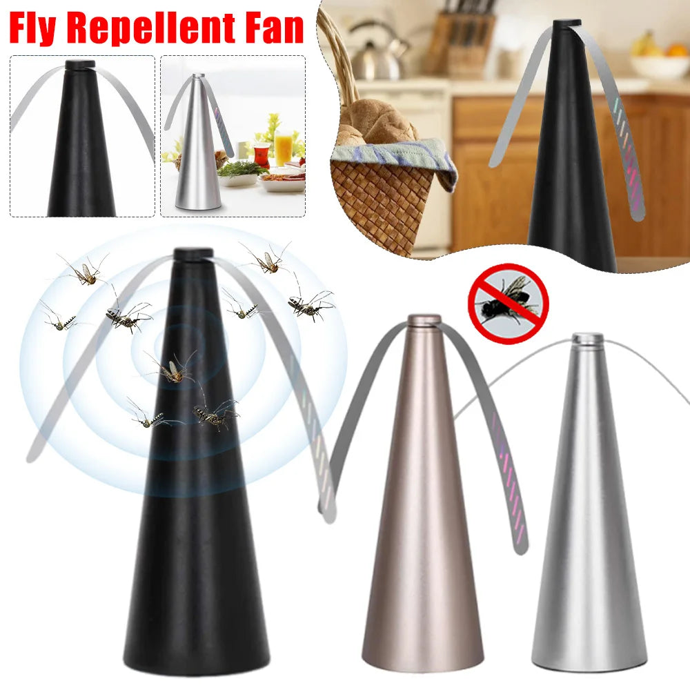 Cone shaped bug | insect | fly fan for table top. Soft blades are plastic and rotate on top to keep bugs and pests away with a USB or batteries available in silver, black or gold.
