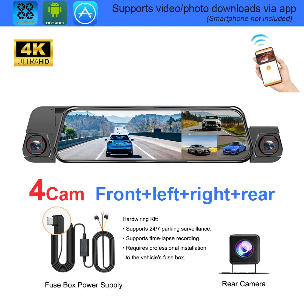 A rear-view mirror style car dash cam with side cameras, shown on a white background with feature callouts, a smartphone app icon, a 4K Ultra HD badge, a fuse box power supply, and a rear camera inset.
