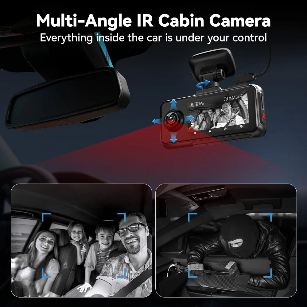 Multi-angle IR cabin camera system with a display showing inside the car.