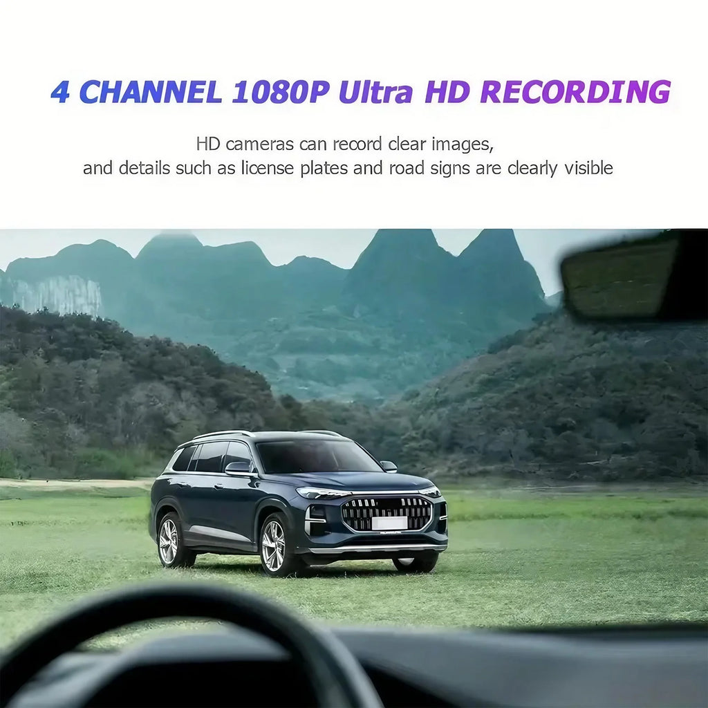 SUV parked on a grassy area with mountains in the background, featuring 4-channel 1080P Ultra HD recording text.  4 Lens Dash Cam 1080P Full HD 360 All Around View Car DVR 3 16 Inch IPS Screen