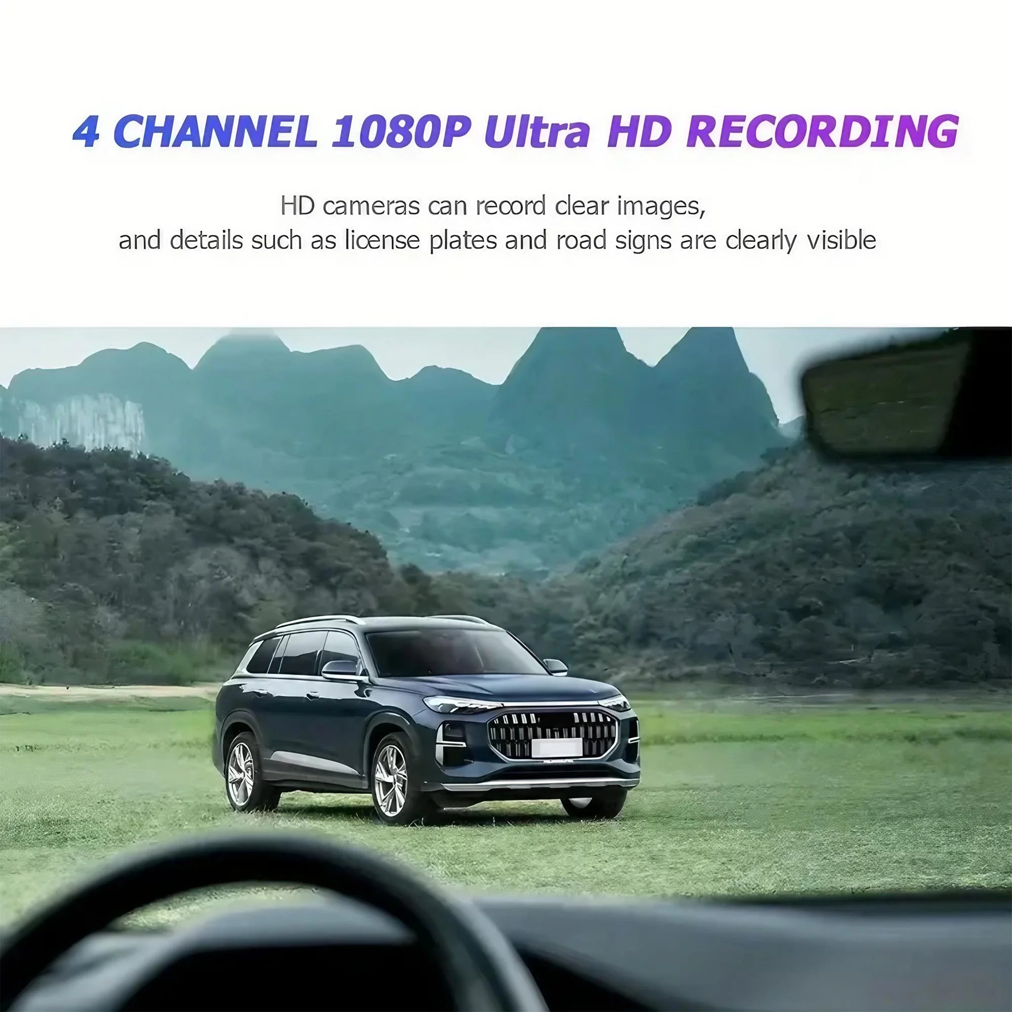 SUV parked on a grassy area with mountains in the background, featuring 4-channel 1080P Ultra HD recording text.  4 Lens Dash Cam 1080P Full HD 360 All Around View Car DVR 3 16 Inch IPS Screen