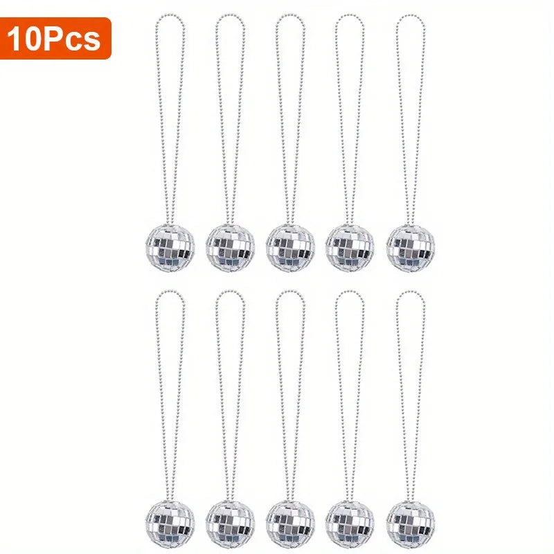 5-10Pcs Mirror Disco Ball Necklaces Silver Hanging Balls Ornament 70s Disco Party Necklaces Mini 70s Jewelry Party Favor Decor