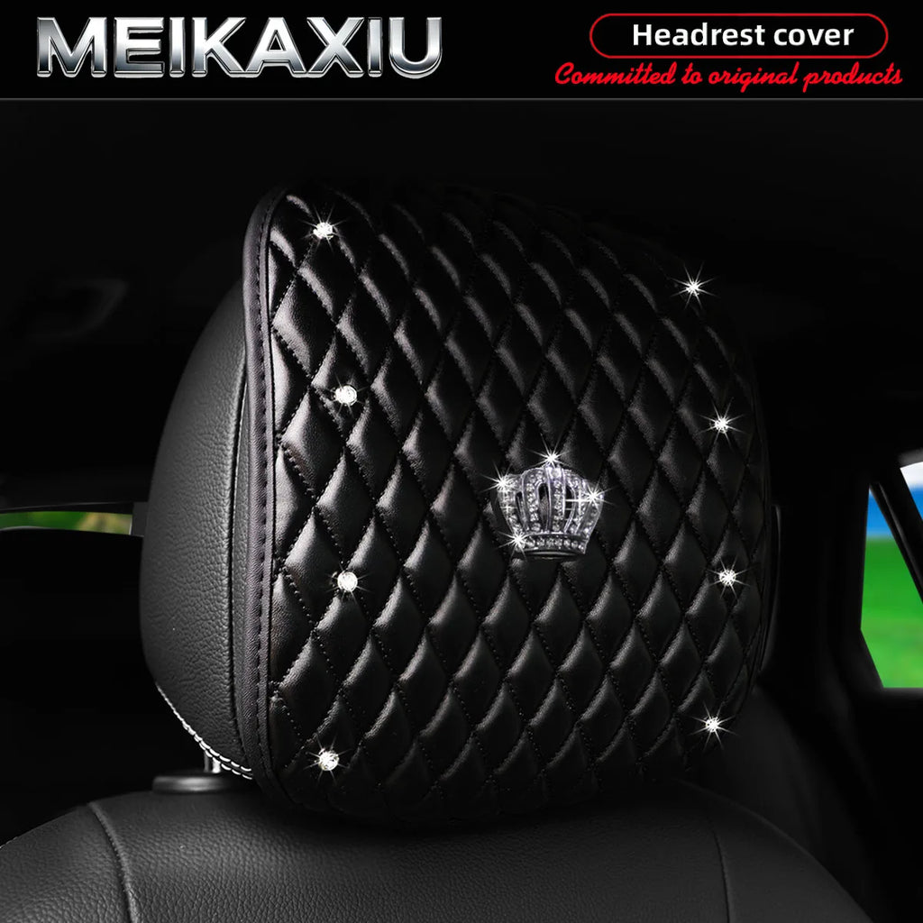 Diamond-Embroidered Rhinestone-Crusted PU Leather Crown Bling Car Headrest Cover 1PC/2PCS Fashionable Automobile Accessory
