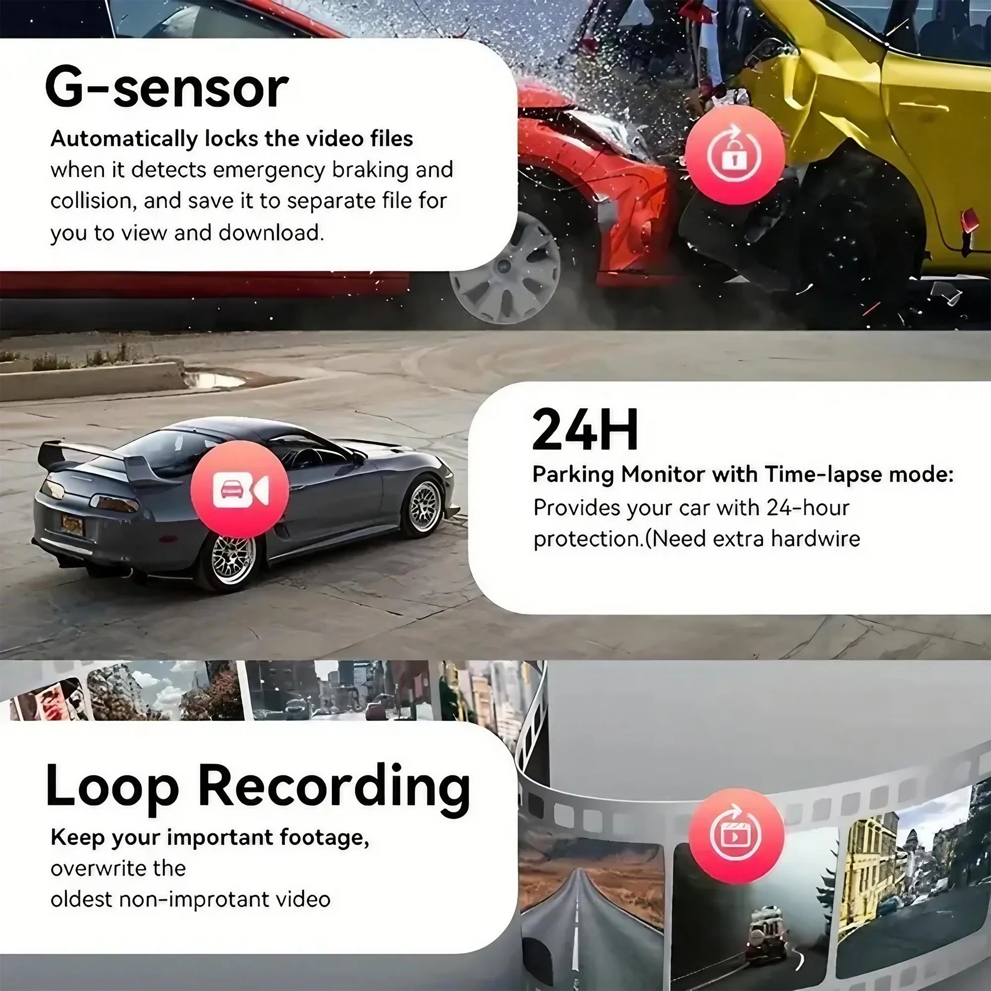 Car safety features with text on G-sensor, 24H parking monitor, and loop recording. 4 Lens Dash Cam 1080P Full HD 360 All Around View Car DVR 3 16 Inch IPS Screen