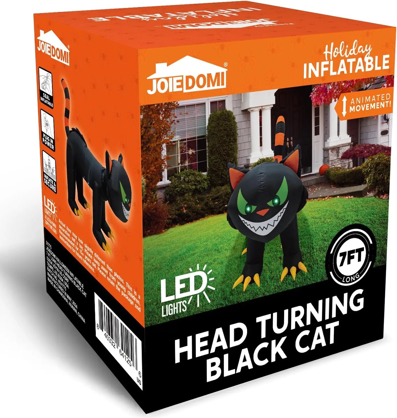A 7-ft inflatable black cat with moving / animated head for yard or lawn.