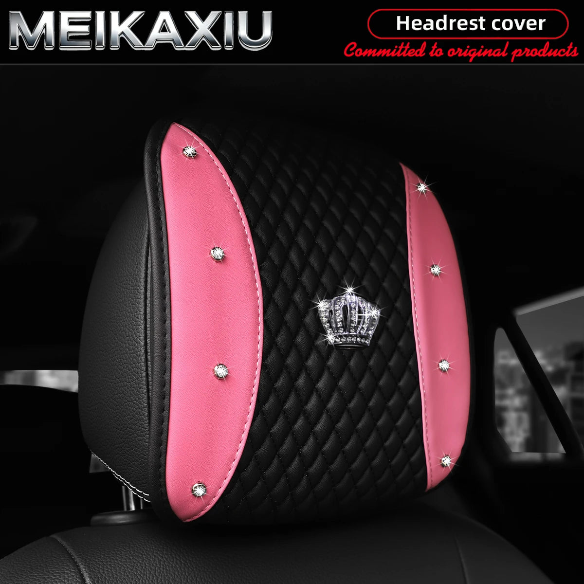 1/2PCS Multi-Color PU Leather Crown Headrest Covers with Embroidered Diamonds Rhinestones Bling Car Decorative Item
