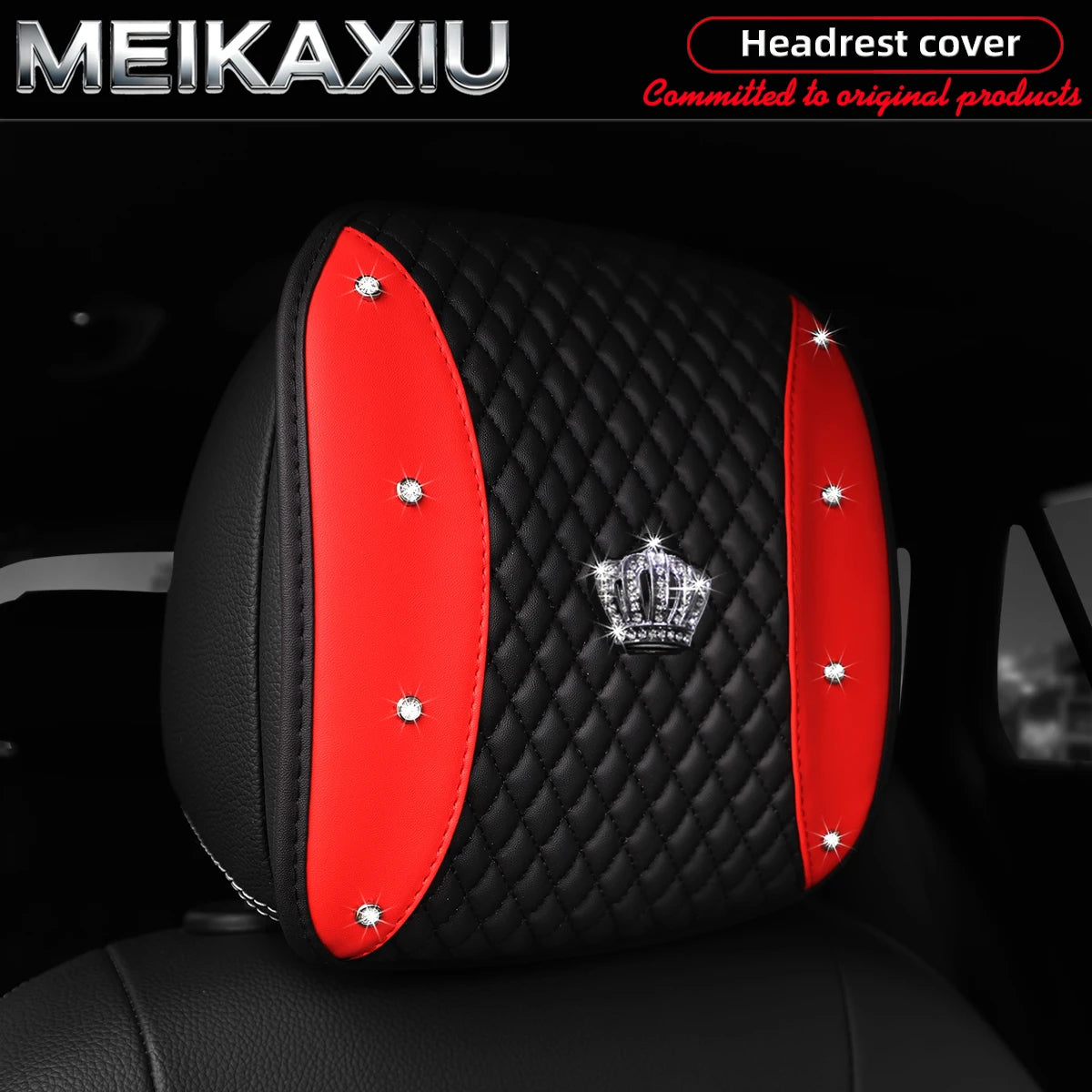 1/2PCS Multi-Color PU Leather Crown Headrest Covers with Embroidered Diamonds Rhinestones Bling Car Decorative Item