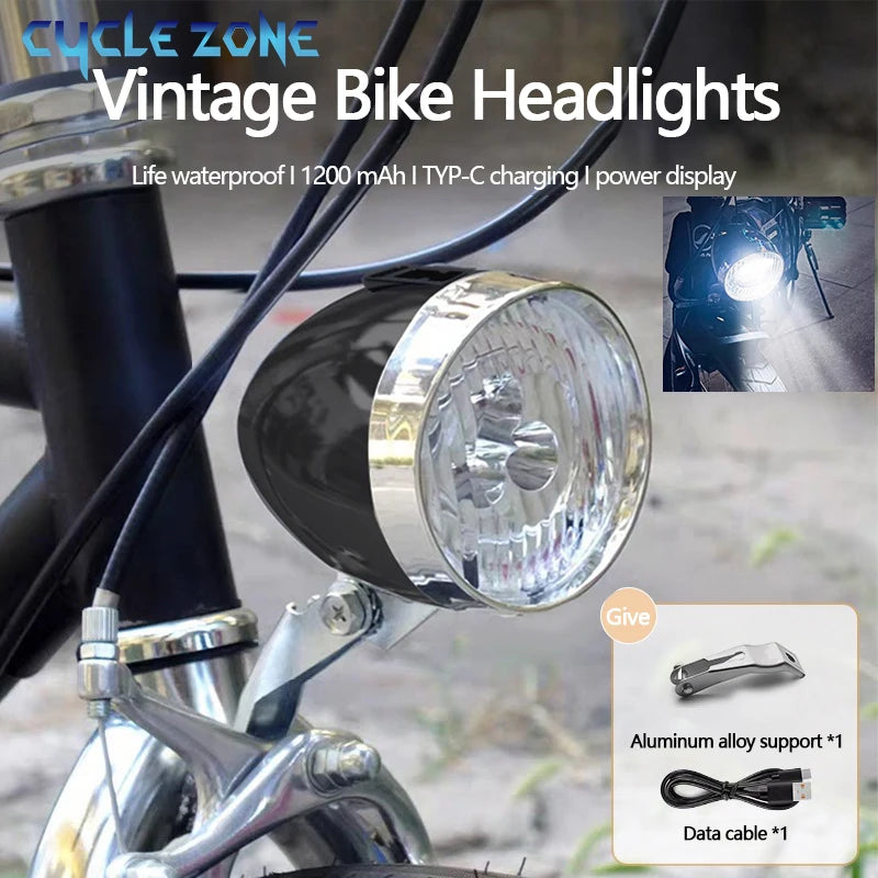 Retro Bike Headlight Type-C Rechargeable Premium Quality Replacement Accessory