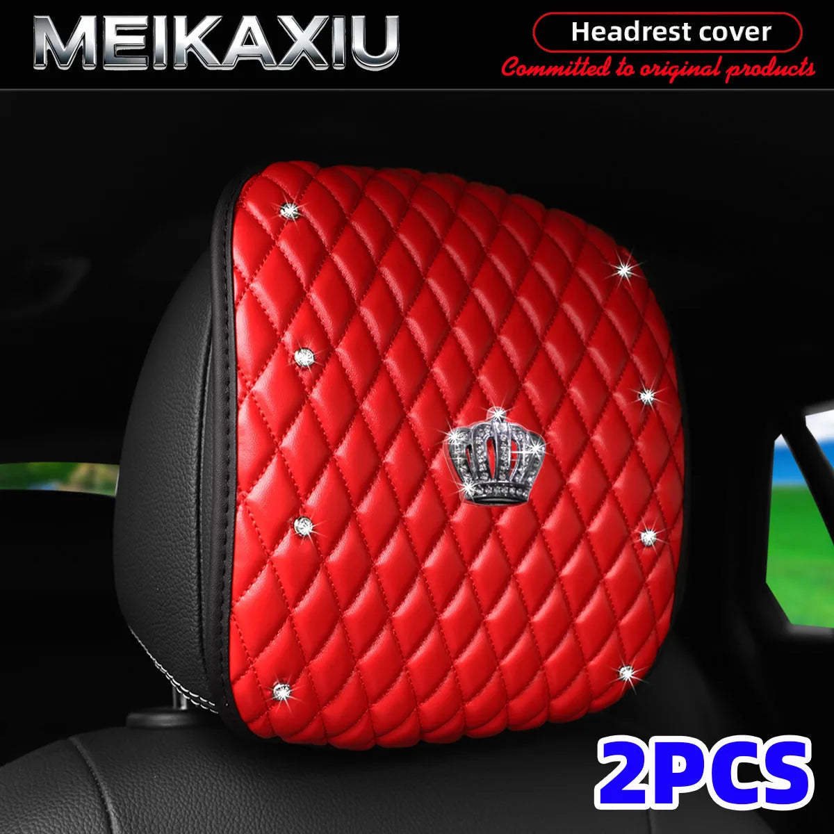 Diamond-Embroidered Rhinestone-Crusted PU Leather Crown Bling Car Headrest Cover 1PC/2PCS Fashionable Automobile Accessory
