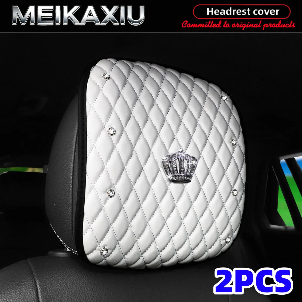Diamond-Embroidered Rhinestone-Crusted PU Leather Crown Bling Car Headrest Cover 1PC/2PCS Fashionable Automobile Accessory