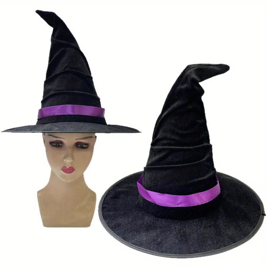 Halloween crumpled witch hat black velvet style, polyester costume accessories