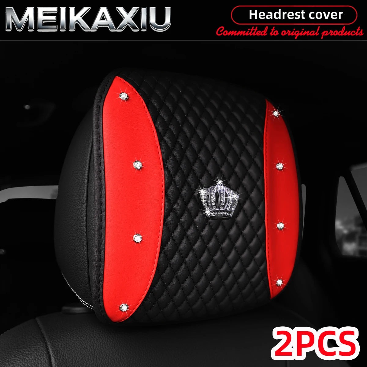 1/2PCS Multi-Color PU Leather Crown Headrest Covers with Embroidered Diamonds Rhinestones Bling Car Decorative Item