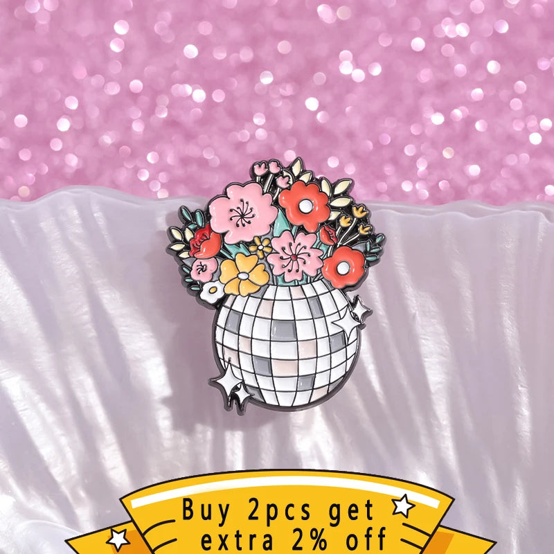 Flower Disco Shining Ball Enamel Pins Custom Bouquet Of Flowers Music Brooches Lapel Badges Jewelry Gift For Fans Friends
