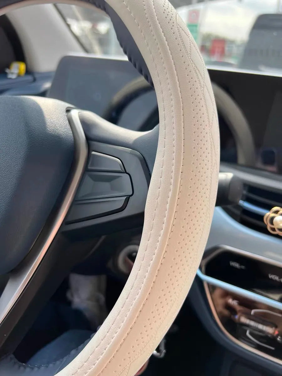 Embossed PU Leather Patchwork Car Steering Wheel Cover Anti-Slip Comfort